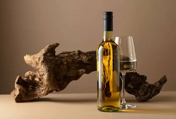 Weißwein Und Alter Haken Auf Beigem Hintergrund Kopierraum — Stockfoto