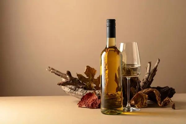Butelka Kieliszek Białego Wina Beżowym Tle Wino Stare Suszone Szkło — Zdjęcie stockowe
