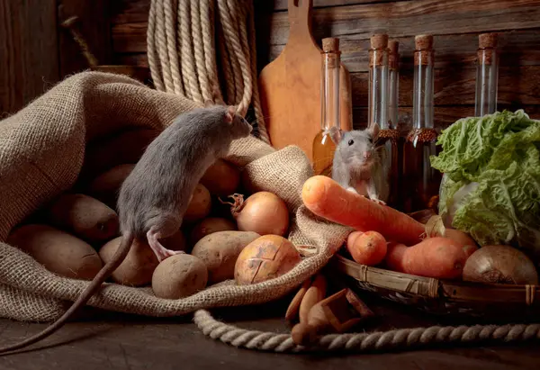Rats Sur Une Vieille Table Bois Avec Légumes Ustensiles Cuisine — Photo