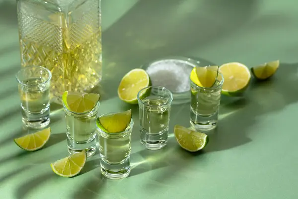 Tequila Mit Salz Und Limettenscheiben Auf Grünem Hintergrund Helles Sonnenlicht — Stockfoto