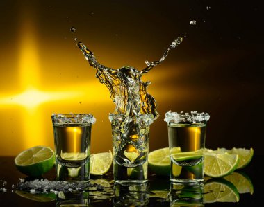 Siyah yansıtıcı arka planda deniz tuzu ve limon dilimli altın tekila.. 