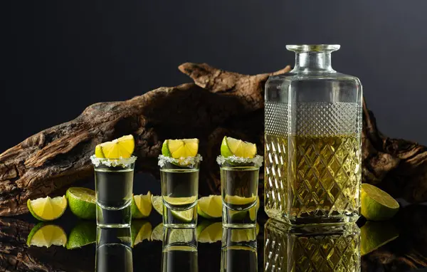 Guld Tequila Med Havssalt Och Lime Skivor Bakgrund Gamla Hake — Stockfoto