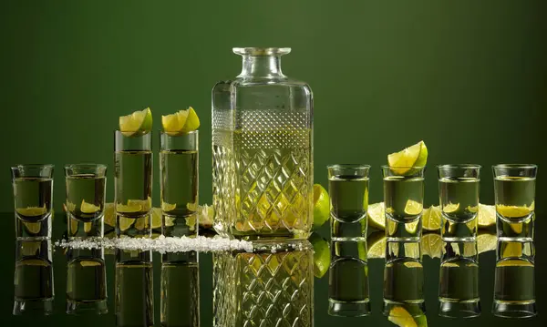 Tequila Shots Mit Limettenscheiben Und Salz Auf Grünem Hintergrund Kopierraum — Stockfoto