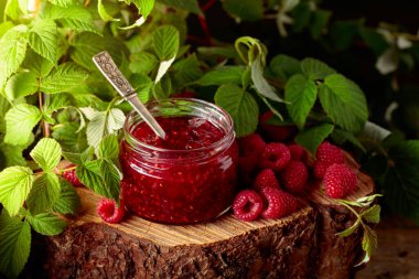 Bir kavanoz ahududu reçeli ve taze böğürtlen ormandaki bir çam ağacının üzerinde yapraklarla.