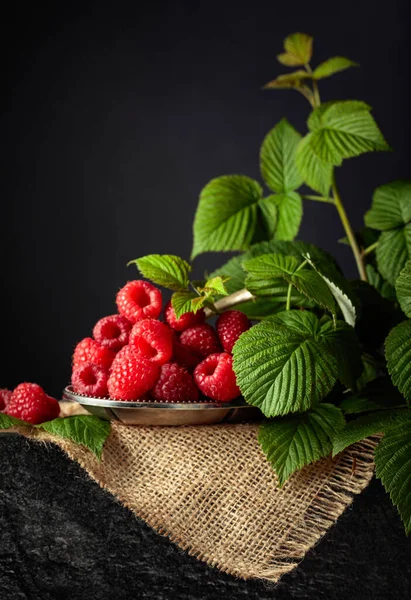 Ripe Juicy Raspberries Leaves Black Background Copy Space — Stockfoto