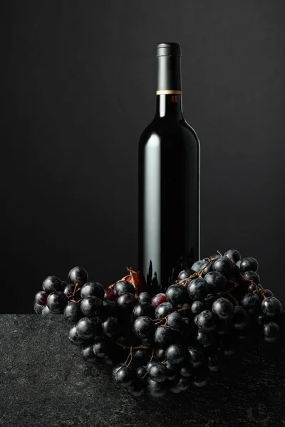 Juicy blue grapes and a bottle of red wine on a black background. Focus on a foreground.