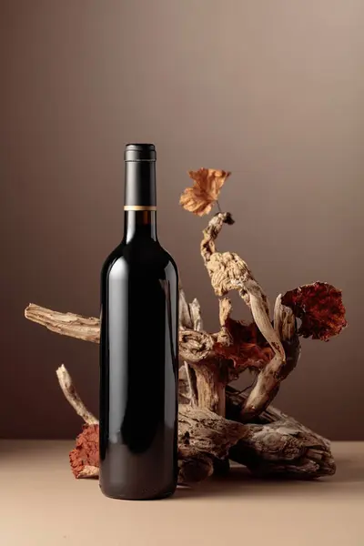 Bottle of red wine with a composition of old wood. Minimalistic composition on a beige background for product branding, identity, and packaging. Copy space.