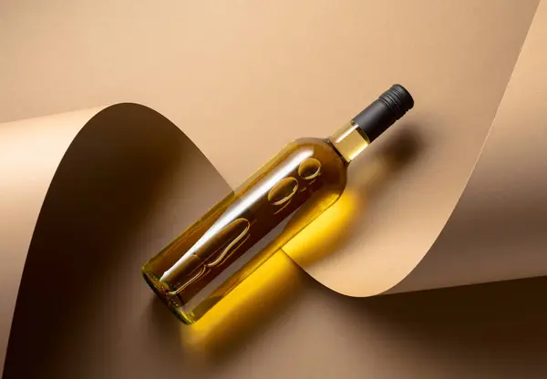 Bouteille Vin Blanc Sur Fond Beige Vue Dessus Espace Copie — Photo