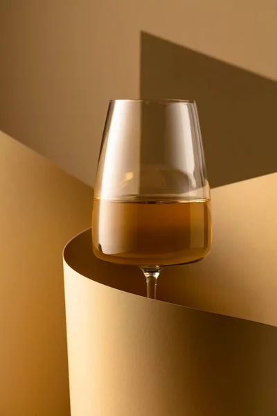 Glass White Wine Beige Background Copy Space — Stockfoto