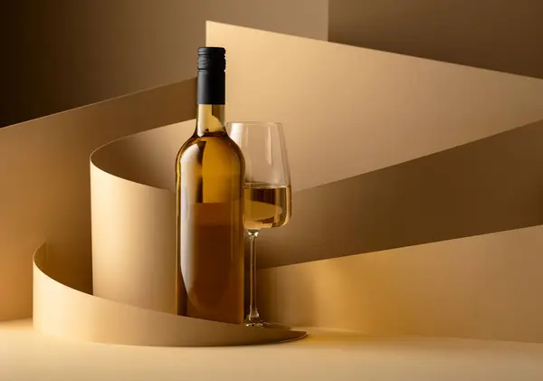 Bottle Glass White Wine Beige Background Copy Space — Stock Photo, Image