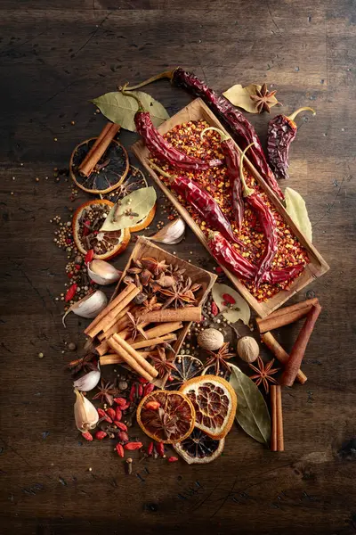 Various Spices Kitchen Table Top View — Stock Photo, Image