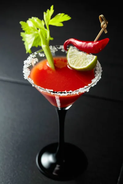 Bloody Mary Cocktail Celery Lime Red Pepper Glass Decorated Sea — Stock Photo, Image