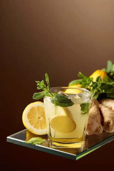 冷凍ガラスの中にレモンとミントが入ったジンジャーエールビールカクテル 天然氷 レモン ミントと爽やかな夏のカクテル スペースのコピー — ストック写真