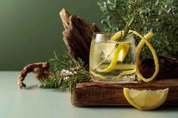 Gin Tonic Cocktail Con Ghiaccio Limone Rosmarino Bicchiere Congelato Una — Foto Stock