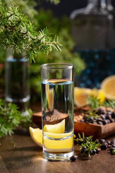 Blauer Gin Und Wacholderzweige Auf Einem Alten Holztisch Gin Mit — Stockfoto