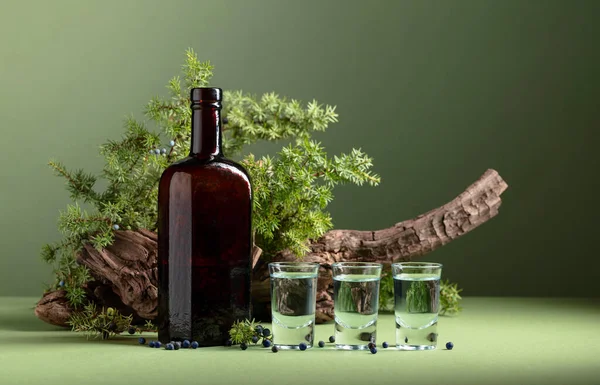 Gin in vintage bottle on a background of old snags and juniper branches with berries. Place your label on the bottle. Green background with copy space.