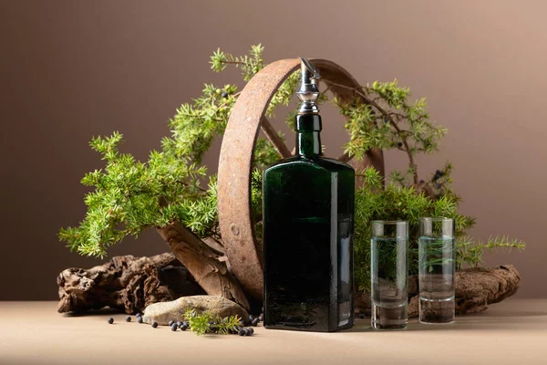Gin in vintage bottle with rusty iron wheel, old snags, and juniper branches with berries. Place your label on the bottle.