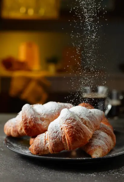 Fresh Baked Croissants Black Coffee Kitchen Table Croissants Sprinkled Sugar — Stock Photo, Image