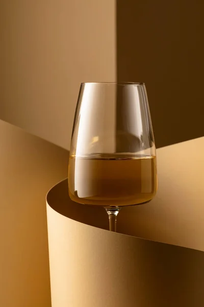 Glass White Wine Beige Background Copy Space — Stok fotoğraf