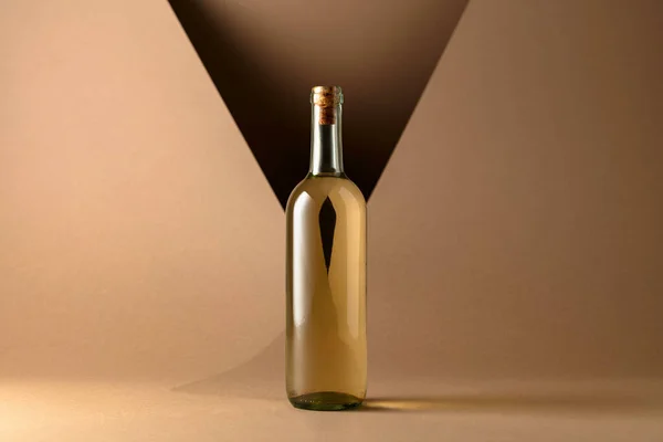 Bottle White Wine Beige Background Copy Space — стоковое фото