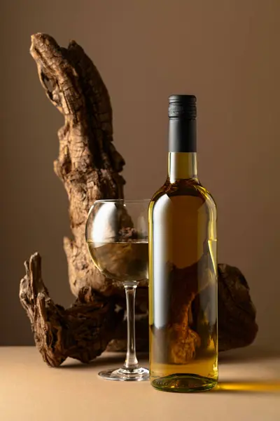 White Wine Old Snag Beige Background Copy Space — Stock Photo, Image