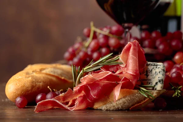 Sandwich Prosciutto Blue Cheese Rosemary Dark Background Copy Space Your — Stock Photo, Image