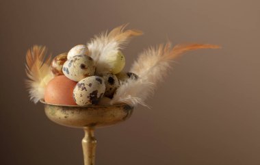 Bej arka planda pirinç kasede tüyleri olan Paskalya yumurtaları..