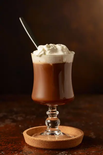Hot Chocolate Whipped Cream Glass Mug Old Brown Table Copy — Stock Photo, Image