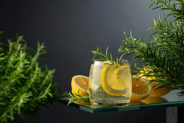 Cocktail Gin Tonic Mit Eis Zitronenscheiben Und Rosmarin Erfrischendes Getränk — Stockfoto