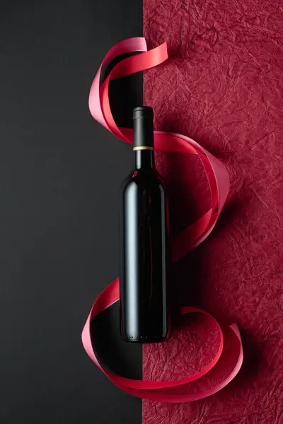 Bottle Red Wine Red Pink Satin Ribbons Top View — Stockfoto