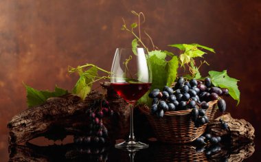 Mavi üzümlü ve asma dallı bir kadeh kırmızı şarap. Boşluğu kopyala.