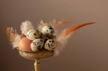 Bej arka planda pirinç kasede tüyleri olan Paskalya yumurtaları..