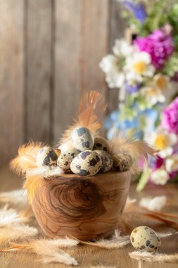 Paskalya kompozisyonu bıldırcın yumurtaları, tüyler ve eski ahşap bir masada bahar çiçekleri. Boşluğu kopyala.