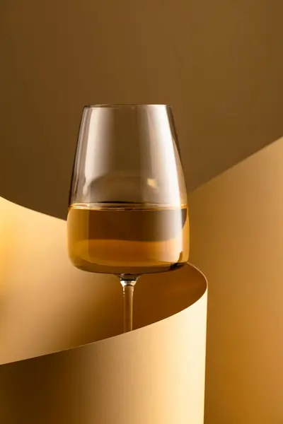 Glass White Wine Beige Background Copy Space — Zdjęcie stockowe