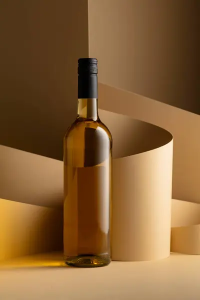 Bottle White Wine Beige Background Copy Space — стоковое фото