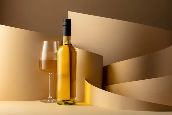 Bottle Glass White Wine Beige Background Copy Space —  Fotos de Stock