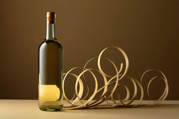 Botella Vino Blanco Sobre Fondo Beige —  Fotos de Stock