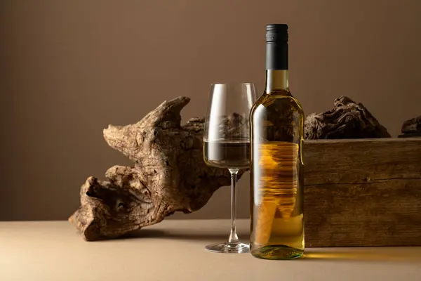 White Wine Old Snag Beige Background Copy Space — Stock Photo, Image