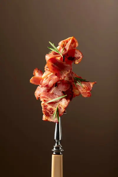 Hot Fried Bacon Slices Rosemary Fork Roasted Bacon Fork — Stock Photo, Image