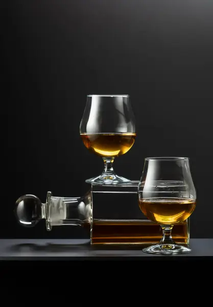 Old Decanter Glasses Whiskey Cognac Brandy Black Background Stock Picture