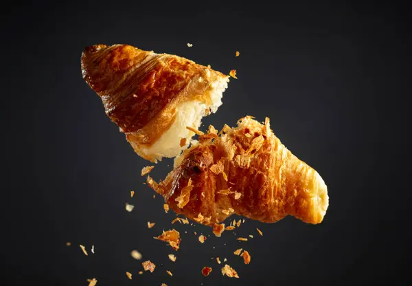 Fresh Baked Croissant Air Black Background — Stock Photo, Image