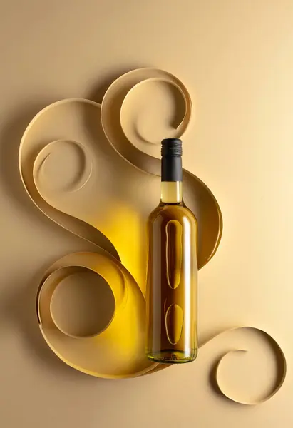 Fles Witte Wijn Een Beige Achtergrond Bovenaanzicht Kopieerruimte — Stockfoto