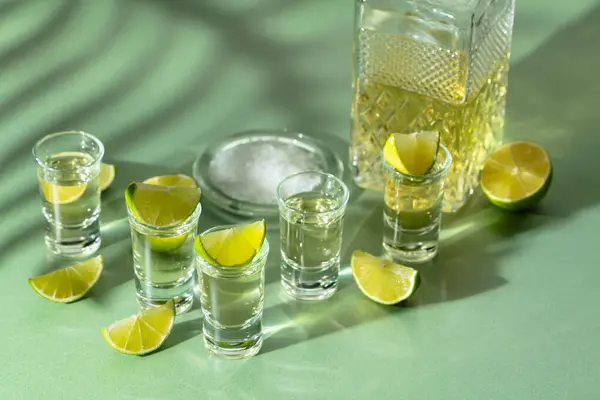 Tequila Plastrami Soli Limonki Zielonym Tle Jasne Światło Słoneczne Długie — Zdjęcie stockowe