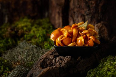 Siyah bir kasede ev yapımı ballı mantar turşusu. Ormanda salamura edilmiş mantarlar.