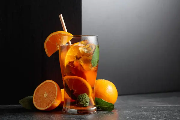Iced Tea Summer Refreshing Drink Ice Mint Orange Copy Space Stock Photo