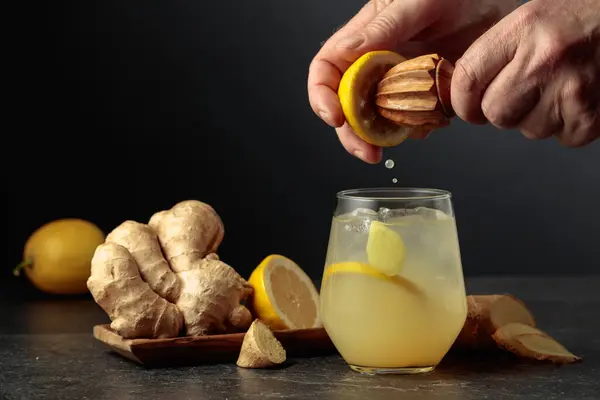 Ginger Ale Ice Lemon Juice Squeezed Out Lemon Old Wooden Stock Photo