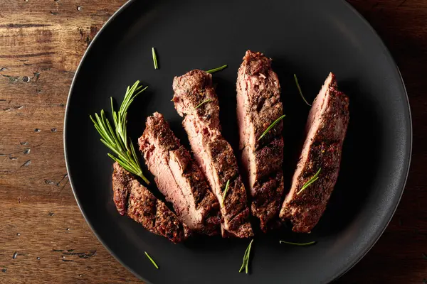 Grilled Ribeye Beef Steak Rosemary Black Plate — Stock Photo, Image
