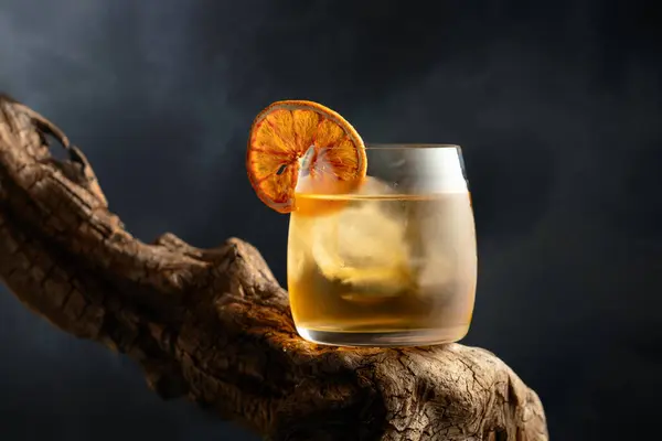 Old Fashioned Cocktail Ice Dried Orange Slice Old Wooden Snag — Stock Photo, Image