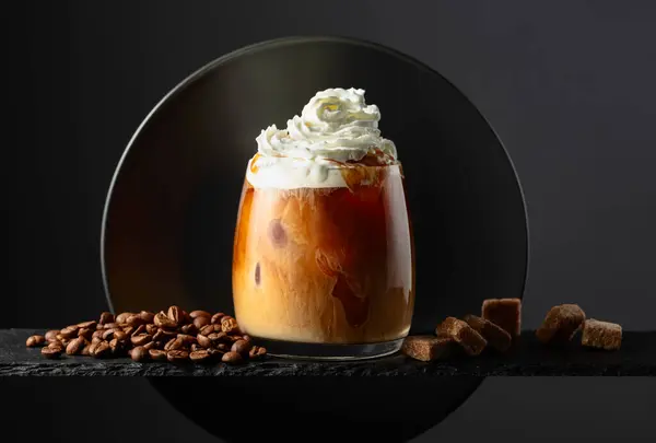 Iced Coffee Whipped Cream Caramel Sauce Black Background Iced Drink — Stock Photo, Image