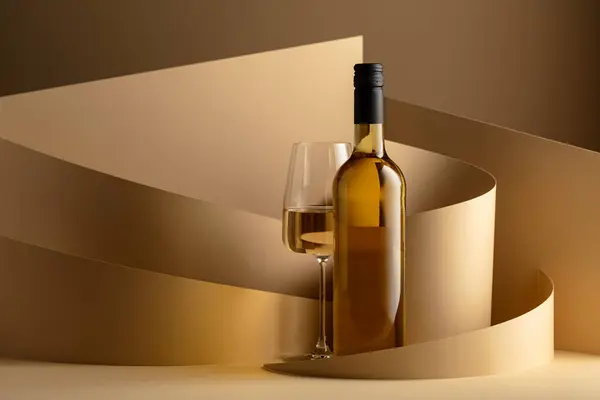 Bottle Glass White Wine Beige Background Copy Space — Photo